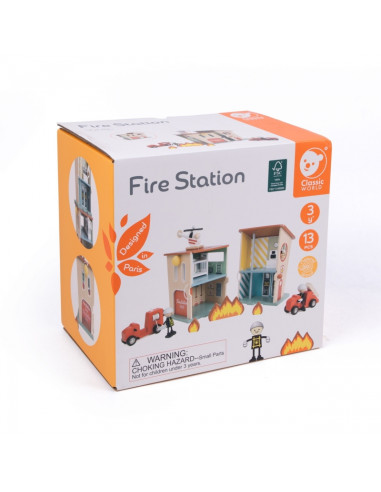 CLASSIC WORLD Wooden Fire Station Garage Car Helicopter Figures 13pcs.