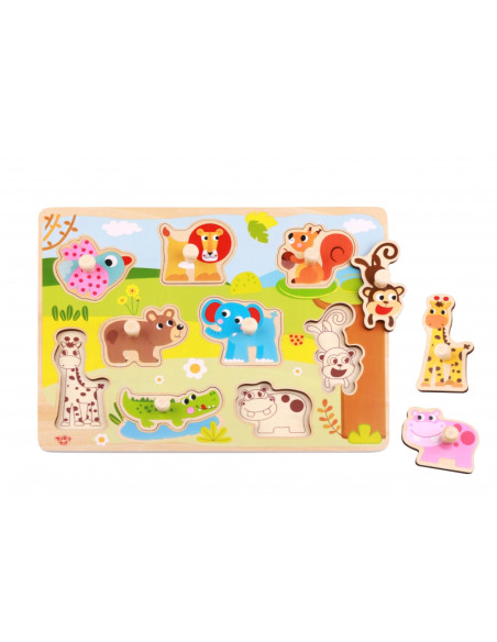 TOOKY TOY Drewniane Puzzle Montessori Zwierzęta z Pinezkami Do Dopasowania