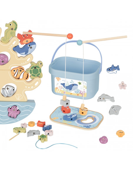 TOOKY TOY Wooden Sea Toy Set Balance Tower Fishing Figures 23 Pieces