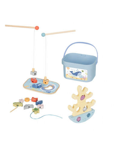 TOOKY TOY Wooden Sea Toy Set Balance Tower Fishing Figures 23 Pieces