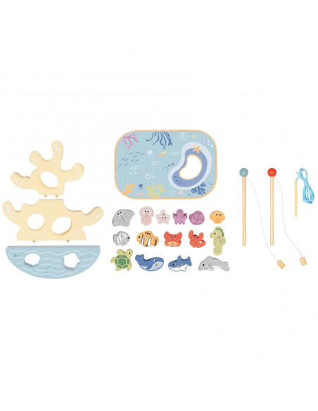 TOOKY TOY Wooden Sea Toy Set Balance Tower Fishing Figures 23 Pieces