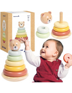TOOKY TOY Wooden Sensory Puzzle Pyramid Teddy Bear Sensory Colorful Stacker