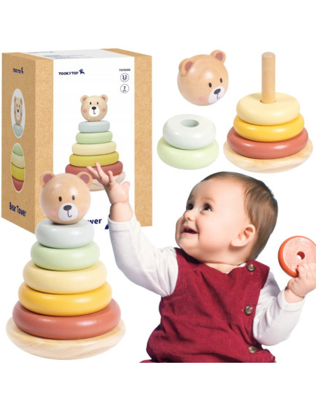 TOOKY TOY Wooden Sensory Puzzle Pyramid Teddy Bear Sensory Colorful Stacker