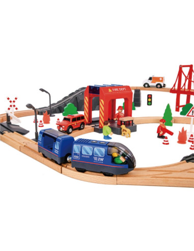 Tooky Toy Wooden Train Fire Station Ambulance 70 pcs.