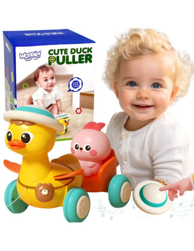 WOOPIE BABY Yellow Duck with Pink Bunny in Pull-Along Trailer