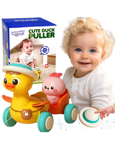 WOOPIE BABY Yellow Duck with Pink Bunny in Pull-Along Trailer