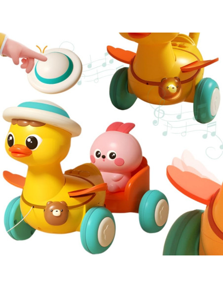 WOOPIE BABY Yellow Duck with Pink Bunny in Pull-Along Trailer