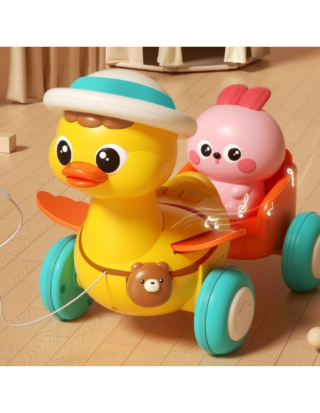 WOOPIE BABY Yellow Duck with Pink Bunny in Pull-Along Trailer