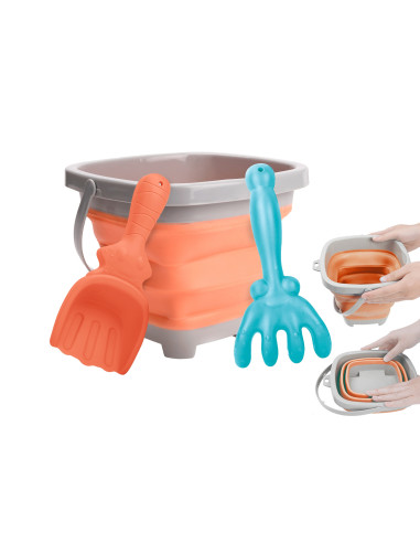 WOOPIE Folding Bucket with Rake and Shovel Set Orange