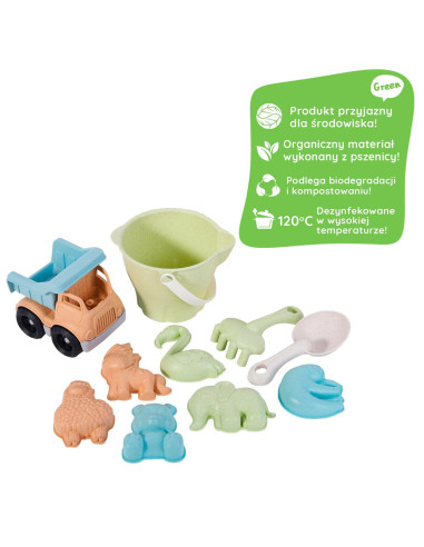 WOOPIE GREEN Sand Bucket Set with Car 11 pcs. BIODEGRADABLE ORGANIC MATERIAL