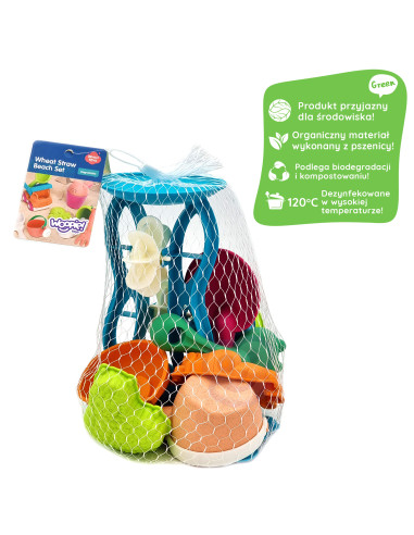 WOOPIE GREEN Sand Set with Spinning Wheel and Watering Can 10 pcs. BIODEGRADABLE ORGANIC MATERIAL