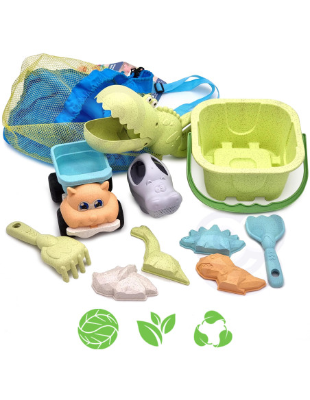 WOOPIE GREEN Sand Set with Bucket and Shovel Crocodile in a Backpack 10 pieces. BIODEGRADABLE ORGANIC MATERIAL