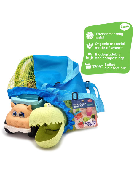 WOOPIE GREEN Sand Set with Bucket and Shovel Crocodile in a Backpack 10 pieces. BIODEGRADABLE ORGANIC MATERIAL