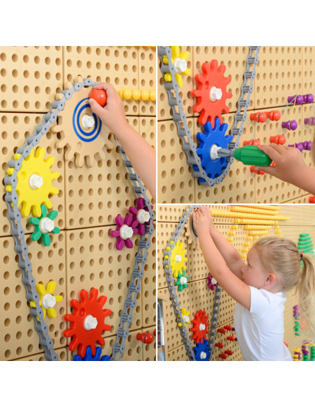 MASTERKIDZ laisvai pastatoma STEM siena + priedai: Kaiščiai, padėklai, blokai, įrankiai