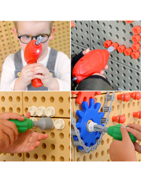 MASTERKIDZ laisvai pastatoma STEM siena + priedai: Kaiščiai, padėklai, blokai, įrankiai