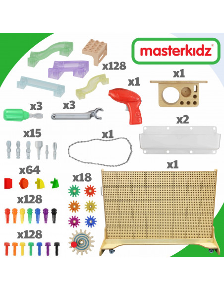 MASTERKIDZ laisvai pastatoma STEM siena + priedai: Kaiščiai, padėklai, blokai, įrankiai