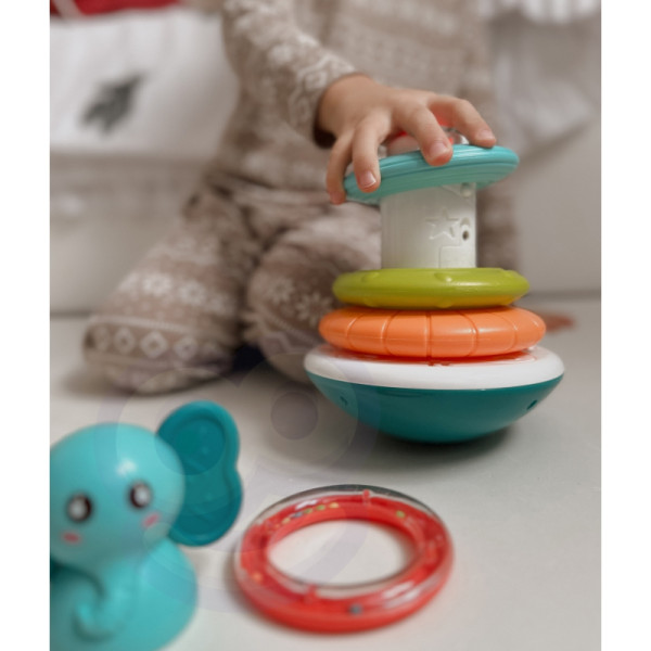 WOOPIE BABY Piramidės bokštas, interaktyvus dramblys su žiedais, barškutis WOOPIE BABY Piramidės bokštas, interaktyvus dramblys su žiedais, barškutis