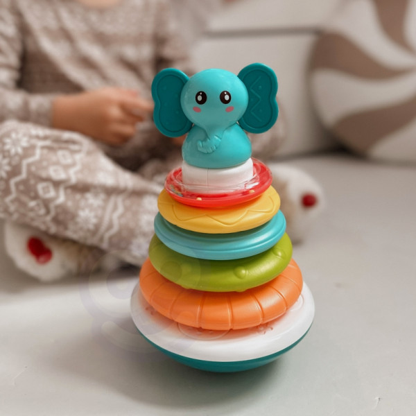WOOPIE BABY Piramidės bokštas, interaktyvus dramblys su žiedais, barškutis WOOPIE BABY Piramidės bokštas, interaktyvus dramblys su žiedais, barškutis