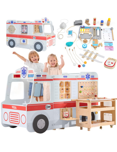 VIGA Large Wooden Ambulance Set Ambulance for Small Rescuers Accessories 25 pcs.