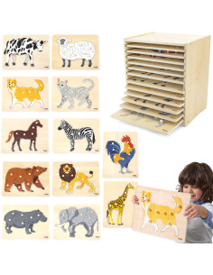VIGA Medinių dėlionių rinkinys 12 Montessori gyvūnų dėlionių + stovas