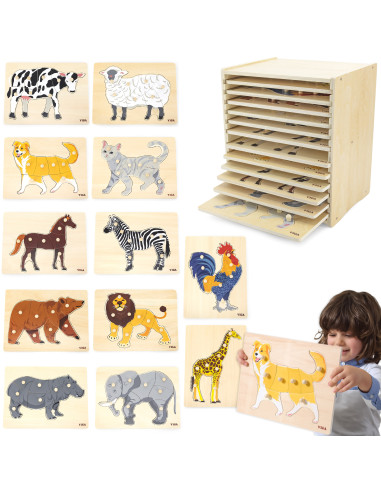 VIGA Medinių dėlionių rinkinys 12 Montessori gyvūnų dėlionių + stovas