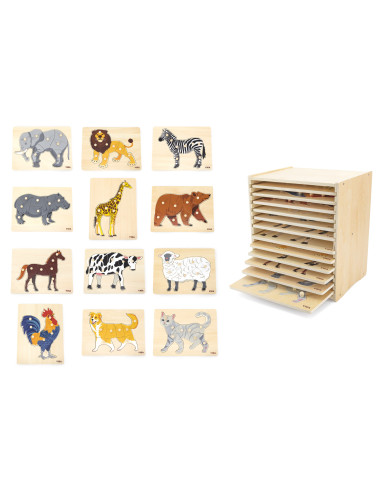 VIGA Wooden Puzzle Set 12 Montessori Animal Puzzles + Stand