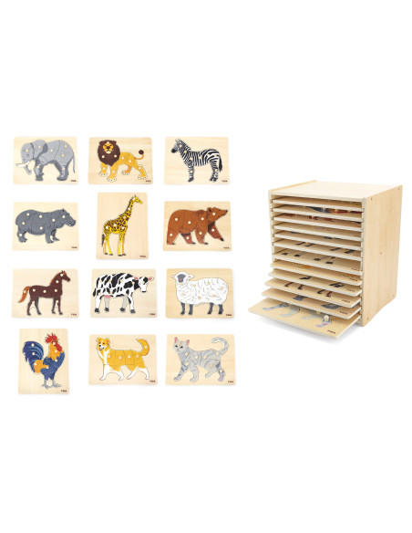 VIGA Medinių dėlionių rinkinys 12 Montessori gyvūnų dėlionių + stovas
