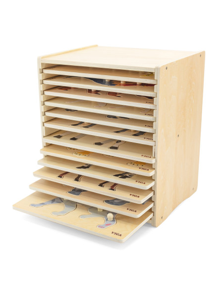 VIGA Medinių dėlionių rinkinys 12 Montessori gyvūnų dėlionių + stovas