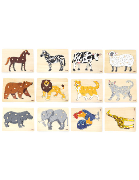 VIGA Wooden Puzzle Set 12 Montessori Animal Puzzles + Stand