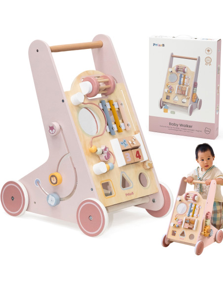 VIGA PolarB Medinė stumiama vaikštynė rožinė edukacinė