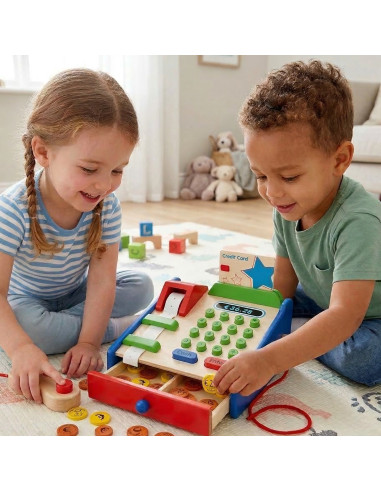 VIGA Wooden Cash Register with Montessori Scanner Accessories