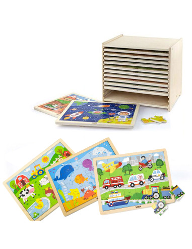 Viga Wooden Puzzle Set 12 puzzles, 24 pieces each, on a stand