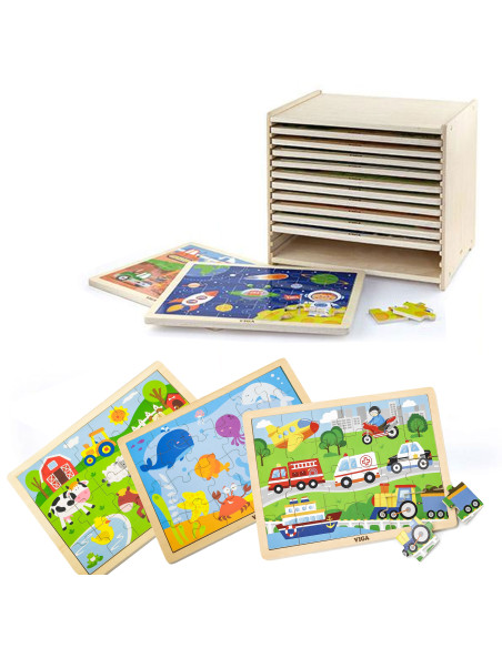 Viga Wooden Puzzle Set 12 puzzles, 24 pieces each, on a stand
