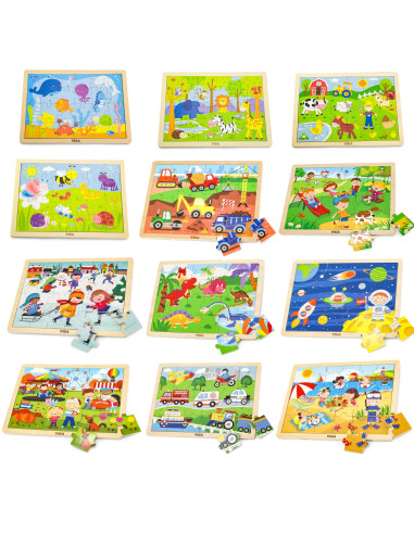 Viga Wooden Puzzle Set 12 puzzles, 24 pieces each, on a stand