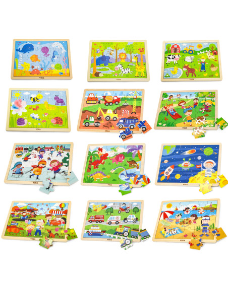 Viga Wooden Puzzle Set 12 puzzles, 24 pieces each, on a stand