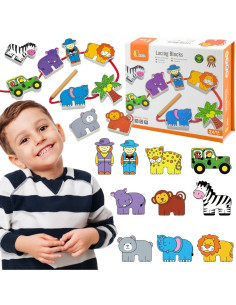 VIGA Wooden Threading Game Intertwining Blocks Safari ZOO Montessori