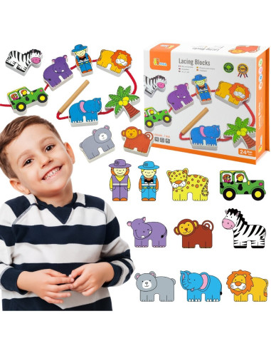 VIGA Wooden Threading Game Intertwining Blocks Safari ZOO Montessori