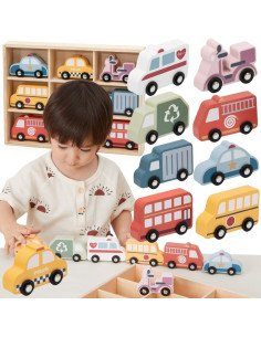 VIGA Wooden Set of Colorful City Vehicles 9 pcs.