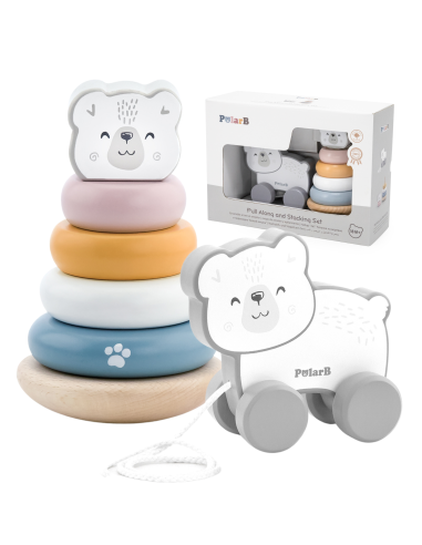 VIGA PolarB Polar Bear Set Wooden Pyramid + Polar Bear to Pull