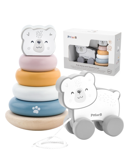 VIGA PolarB Polar Bear Set Wooden Pyramid + Polar Bear to Pull