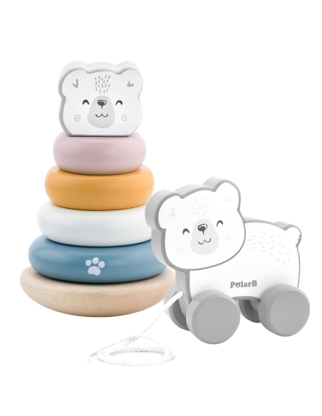 VIGA PolarB Polar Bear Set Wooden Pyramid + Polar Bear to Pull