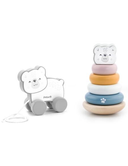 VIGA PolarB Polar Bear Set Wooden Pyramid + Polar Bear to Pull