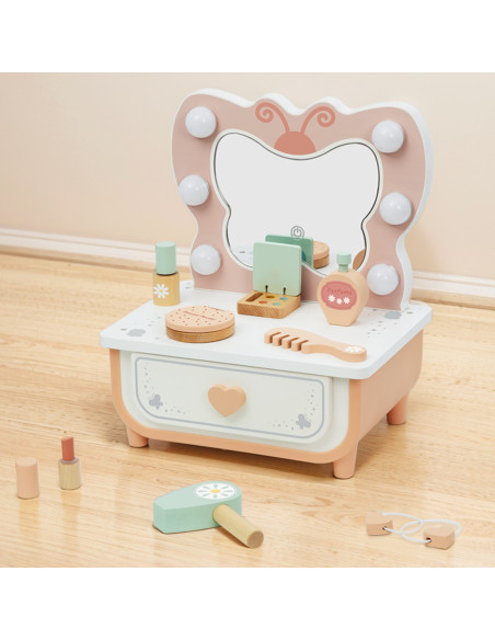 TOOKY TOY Medinis drugelis tualetinio staliuko priedai Veidrodis su LED apšvietimu + kosmetika