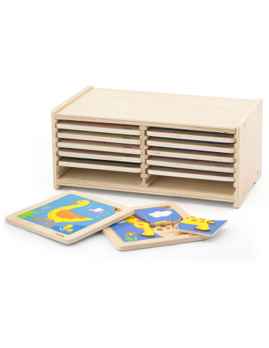 VIGA Medinės dėlionės 12 lentų, po 4 dėliones kiekvienoje, stove