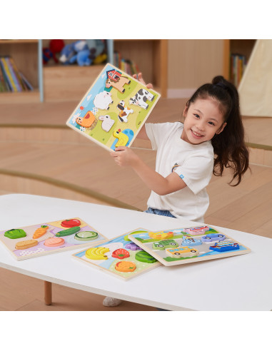 VIGA Medinė Montessori dėlionė "2-in-1" figūrėlės Ūkis