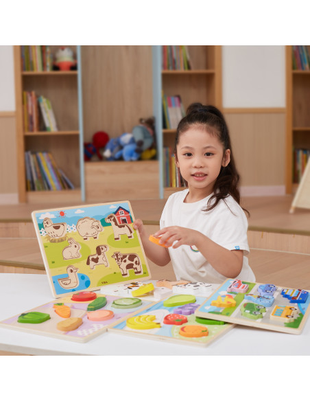 VIGA Medinė Montessori dėlionė "2-in-1" figūrėlės Ūkis