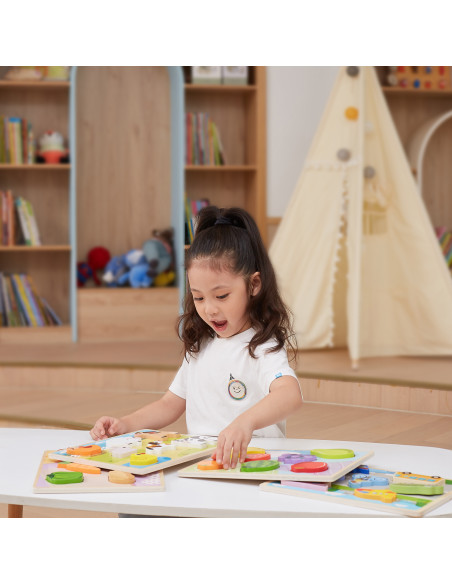 VIGA Medinė Montessori dėlionė "2-in-1" figūrėlės Ūkis