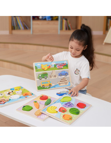 VIGA Medinė Montessori dėlionė "2-in-1" figūrėlės Ūkis