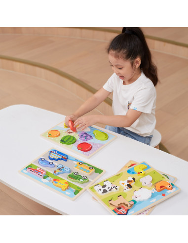 VIGA Medinė Montessori dėlionė "2-in-1" figūrėlės Ūkis