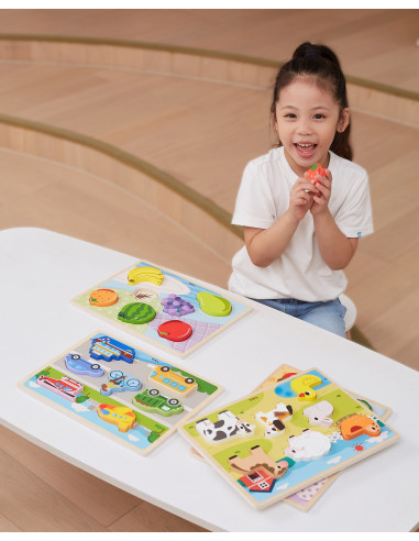 VIGA Medinė Montessori dėlionė "2-in-1" figūrėlės Ūkis